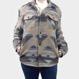 Southwestern Aztec Pattern Wool Blend Sherpa Shirt Jacket Shacket Sz Large